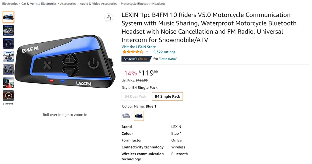 LEXIN - B4FM BT Motorcycle Headset - Intercom, Noise Cancellation