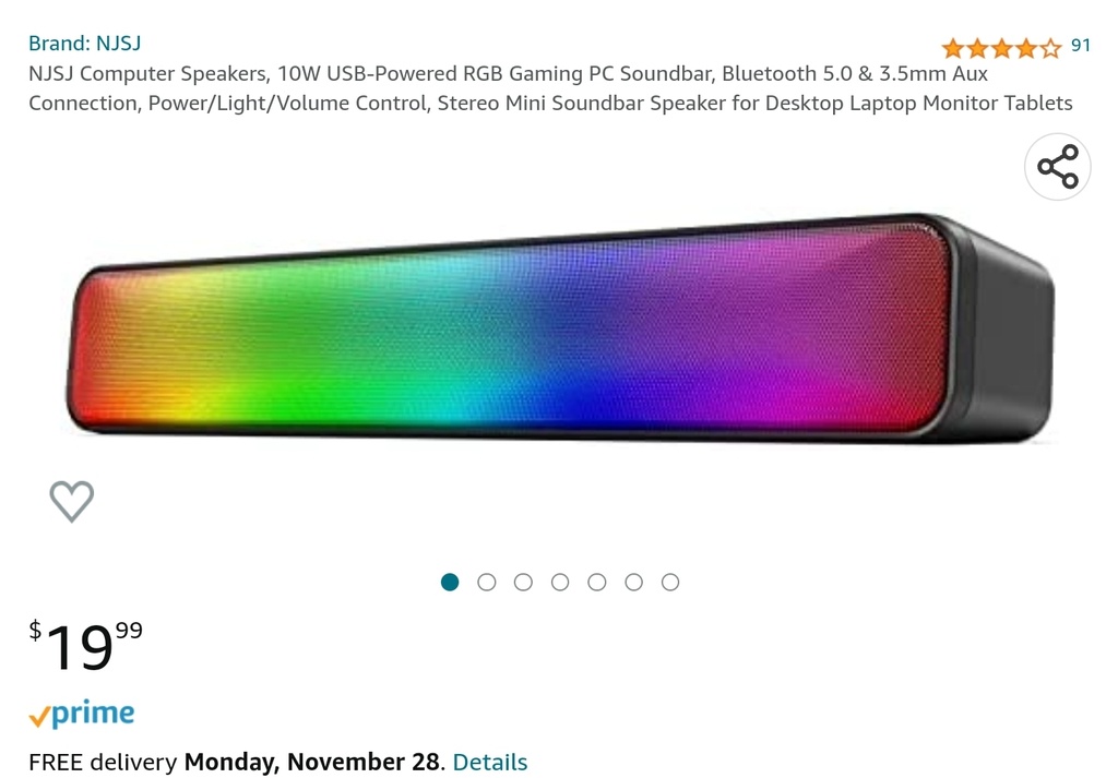 NJSJ RGB 10W Gaming Computer Soundbar / Speaker - Bluetooth & Aux