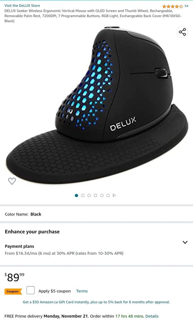 DeLux Seeker Wireless Ergonomic Vertical Mouse with OLED Screen - RGB Lighting