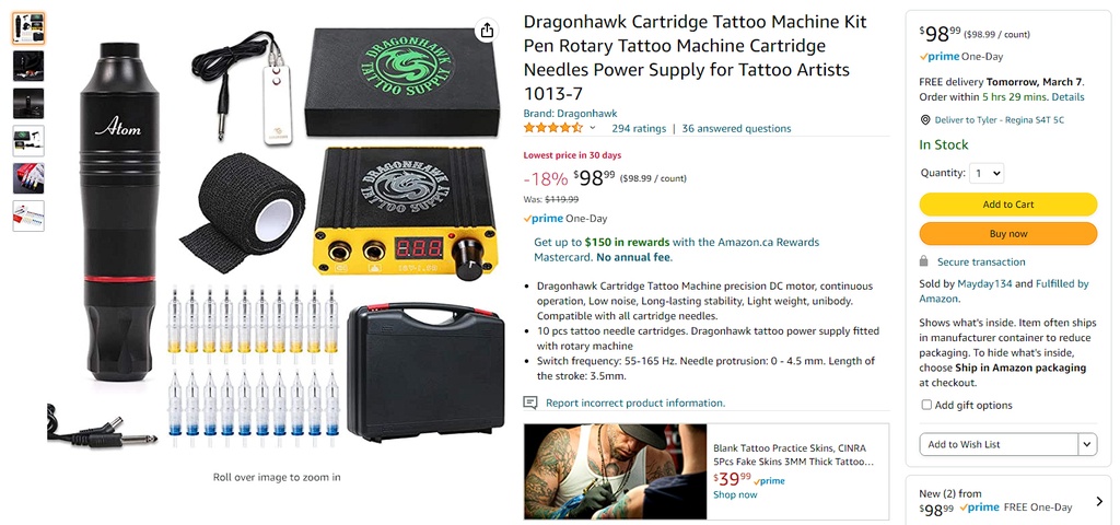 DragonHawk Tattoo Machine Kit - Pen Rotary Machine + Cartridges