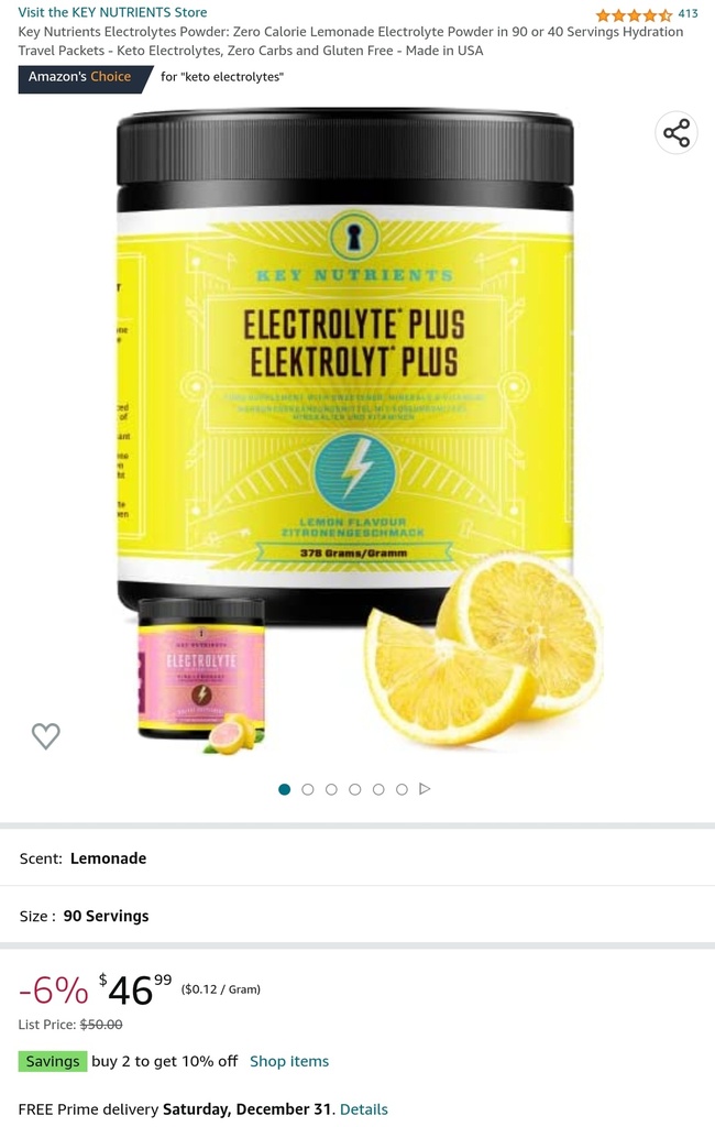 Key Nutrients - Electrolyte Plus Powder - Zero Calorie Lemonade Flavor, Gluten Free