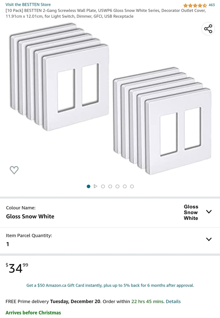 Bestten 2-Gang Screwless Wall Plates - 10 Pack - White