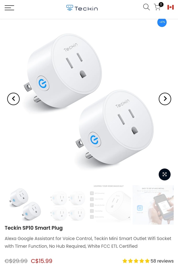 Teckin SP-10 Wi-Fi Smart Plug - Works w/ Alexa, Google & Other Assistants - 2 Pack