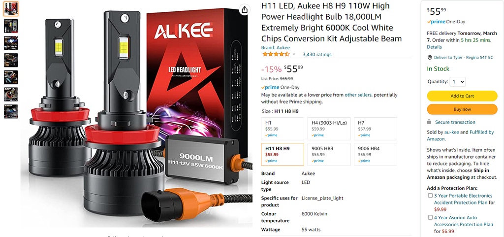 Aukee H11 / H9 / H8 - Extremely Bright - 18,000LM - 6000K LED Bulbs