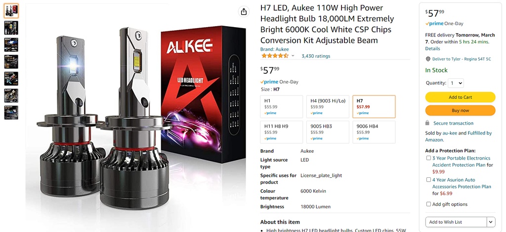 Aukee H7 - Extremely Bright - 18,000LM - 6000K LED Bulbs