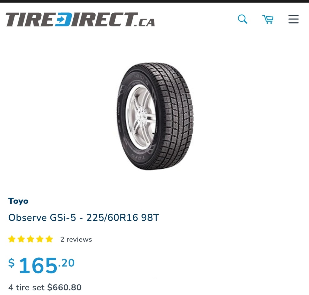 Set of 4 Toyo Observe GSI-5 - 225/60R16 Winter Tires - Used for ~1000KM