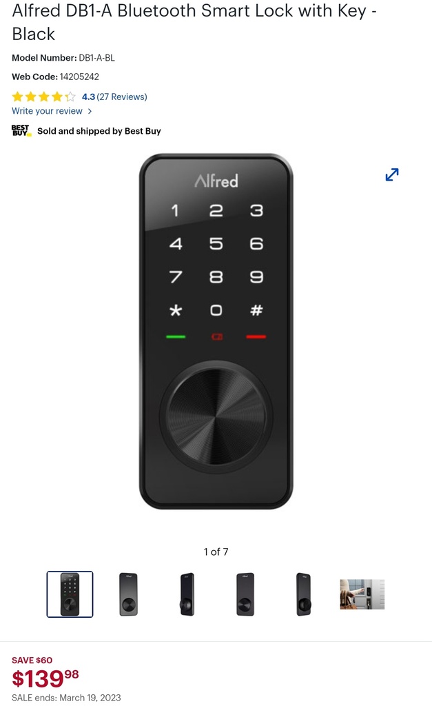 Alfred DB1-A Bluetooth Smart Lock with Key - Black