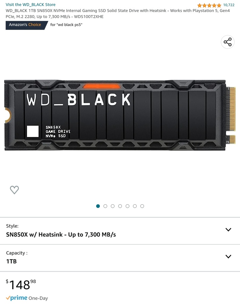 WD Black 1TB - SN850X NVMe Gaming SSD w/ Heatsink - 7300 MB/s