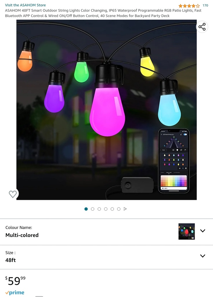 Asahom 48FT Smart RGB String Globe Lights - Waterproof - Programmable - App Controlled w/ Scenes