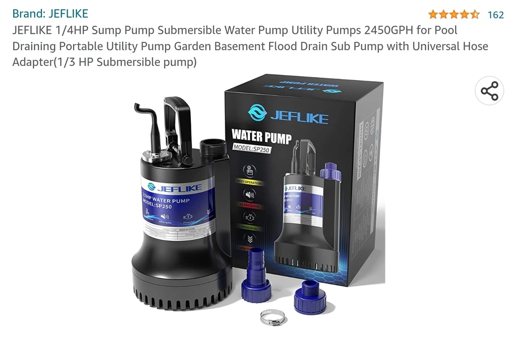 JEFLIKE 1/4HP Sump Pump - 2450GPH w/ Universal Hose Adapter