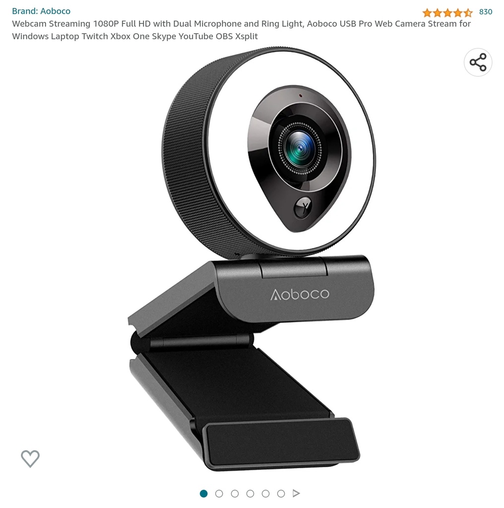 Aoboco 1080P Streaming Webcam w/ Ring Light & Dual Microphone