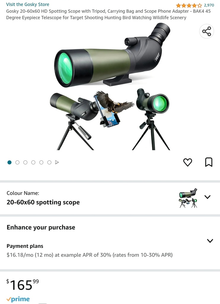 GoSky 20-60x60 HD Spotting Scope w/ Carry Bag, Tripod & Phone Adapter