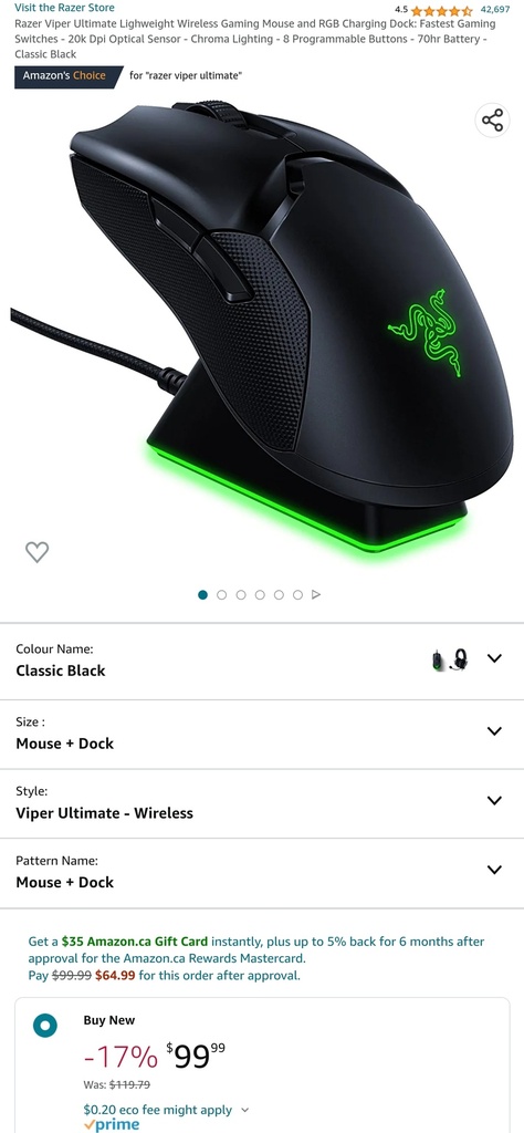 Razer Viper Ultimate Lightweight Wireless Gaming Mouse w/ RGB Charging Dock