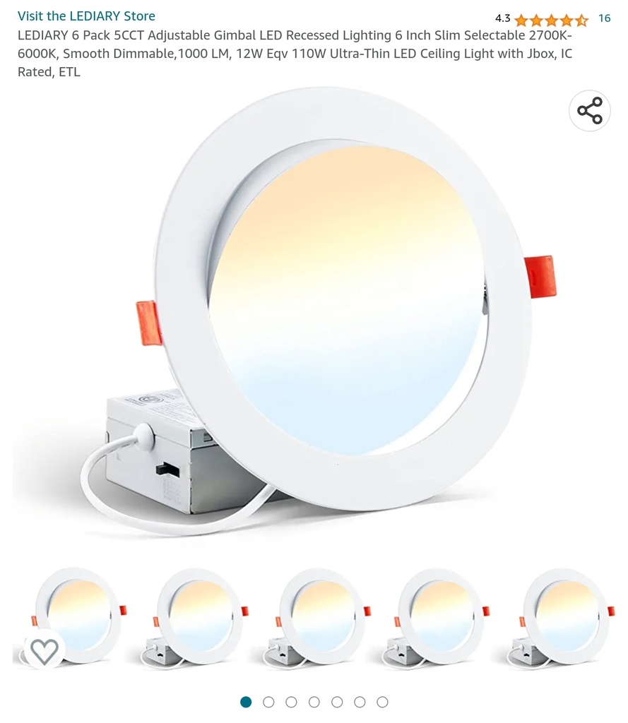 LeDiary - 5CCT Adjustable Gimbal LED Recessed Lights - 6" Slim, 2700K-6000K, Dimmable, 1000LM - 6 Pack