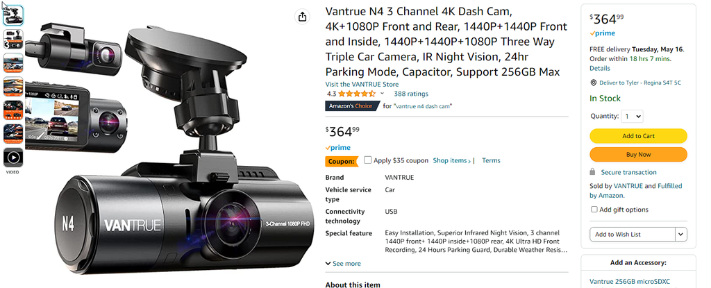 Vantrue N4 3 Channel 4K Dash Cam, 4K+1080P Front and Rear, 1440P+1440P Front and Inside, 1440P+1440P+1080P Three Way