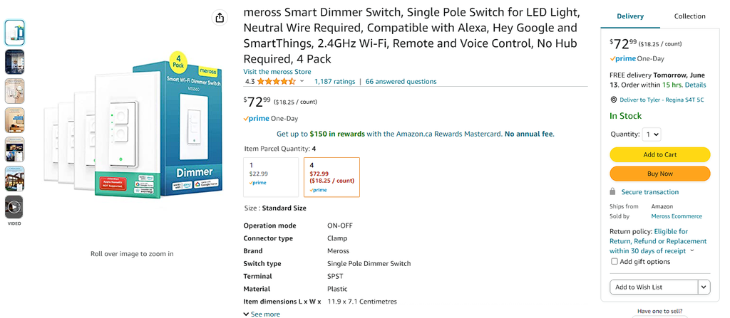 Meross Smart Dimmer Light Switch - 4 Pack - Alexa, Google & SmartThings