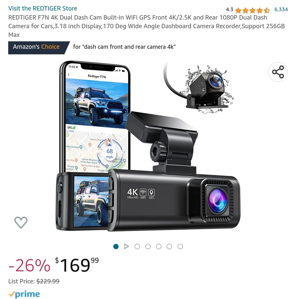 RedTiger F7N - 4K Dual Dash Cam - Built in Wi-Fi, Front & Rear - Wide Angle