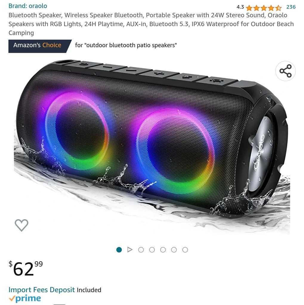 Oraolo Bluetooth Speaker -24W - RGB Lights - 24H Playtime, BT 5.3 & Waterproof