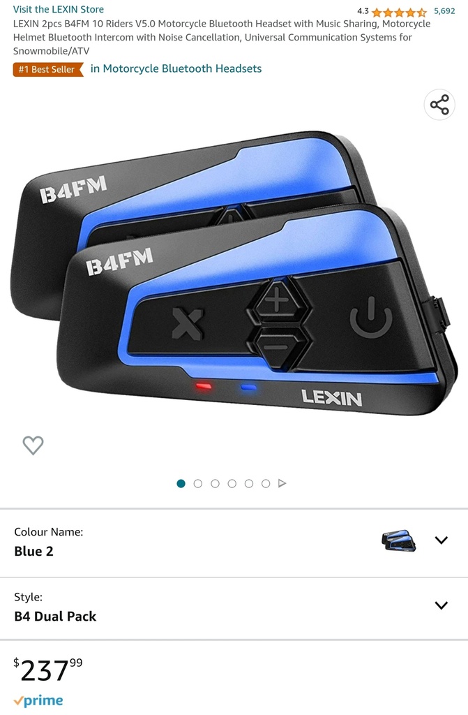 Lexin B4FM - V5.0 Motorcycle Bluetooth Headset with Music Sharing - Noise Cancellation - 2 Pack