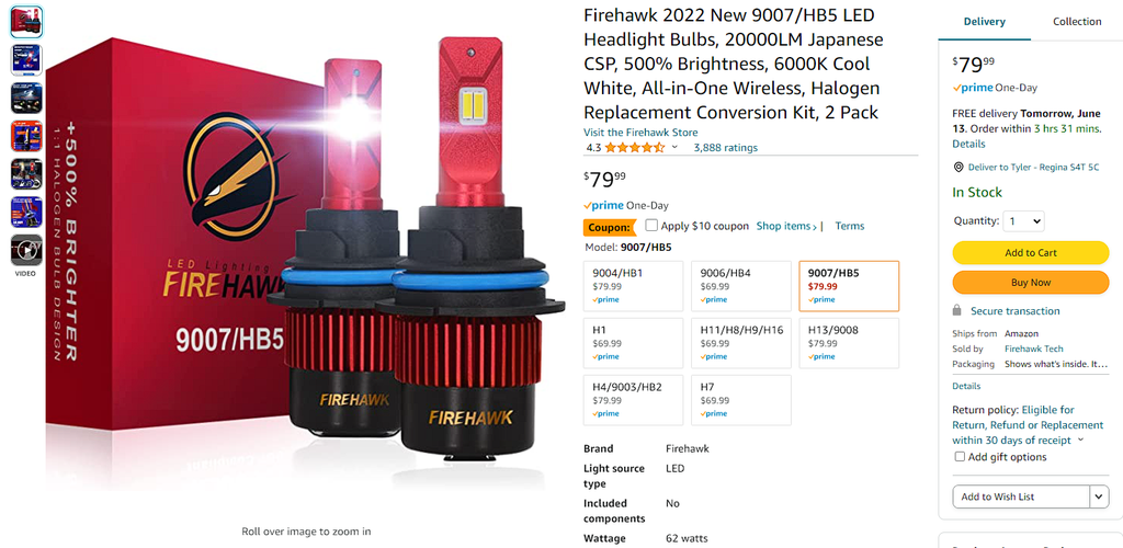 Firehawk - 9007/HB4 LED Bulbs - 20,000LM, 6000K Cool White - 2 Pack