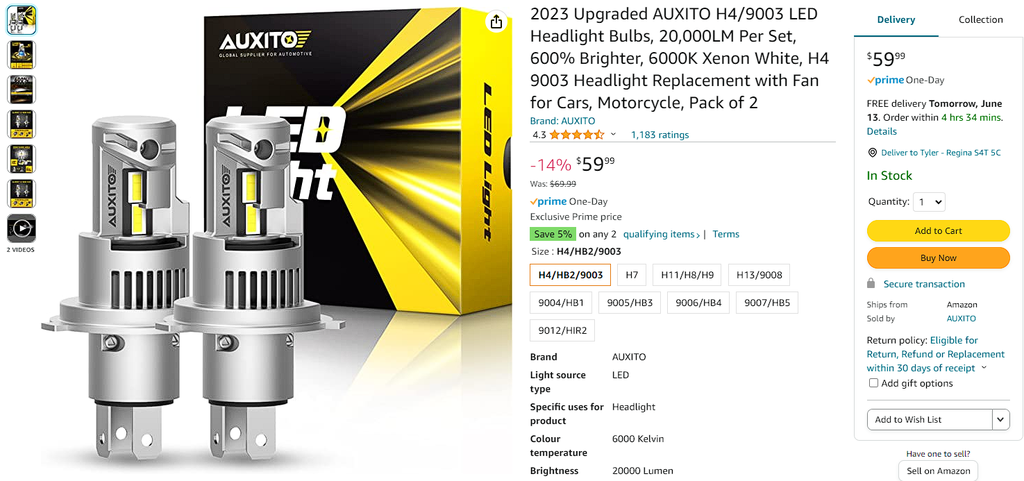 2023 Upgraded AUXITO H4/9003 LED Headlight Bulbs, 20,000LM Per Set, 600% Brighter, 6000K Xenon White, H4 9003 Headlight Replacement with Fan for Cars, Motorcycle, Pack of 2