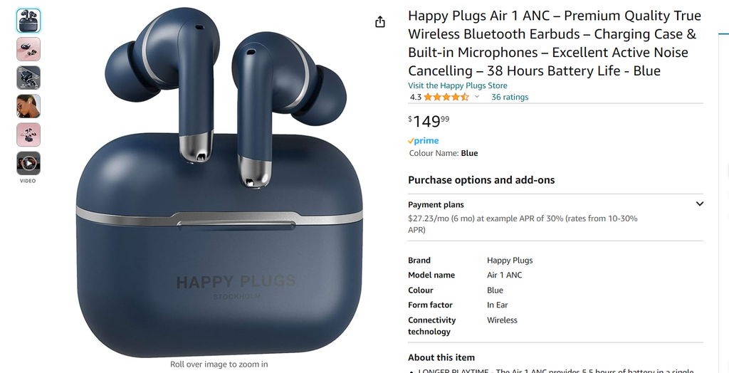 Happy Plugs Air 1 ANC - Premium Quality True Wireless Bluetooth Earbuds - Charging Case & Built in Microphone - 38Hrs Batter Life - Blue