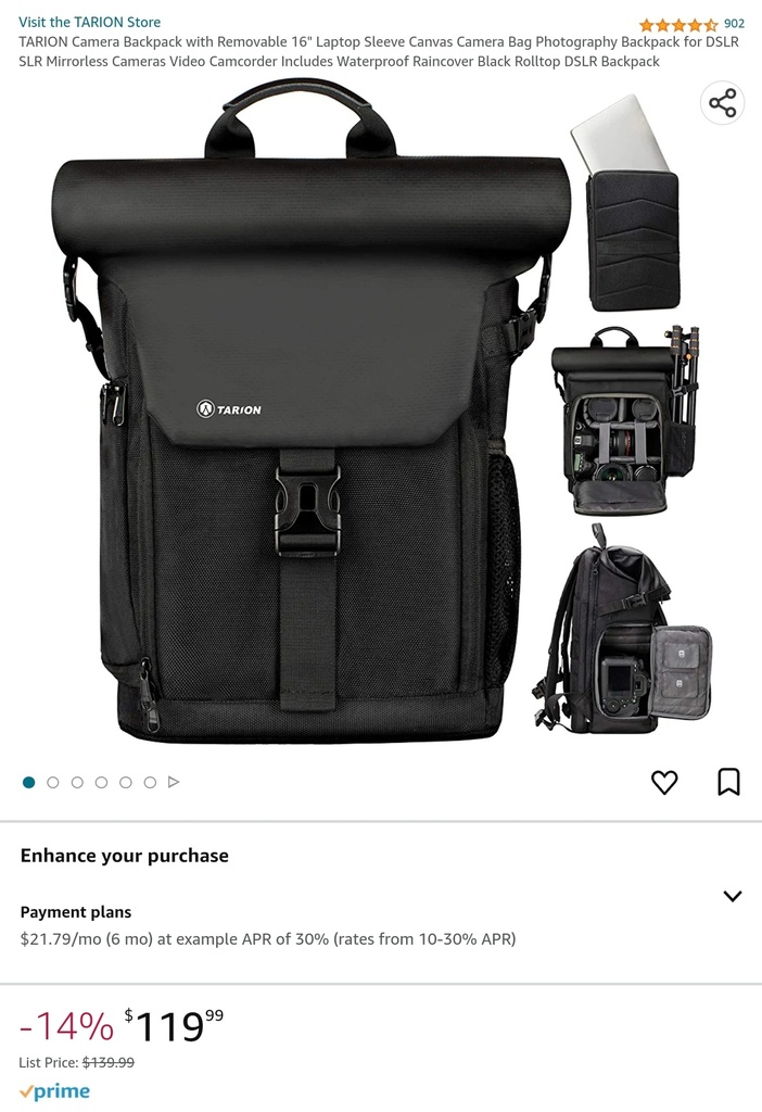 Tarion Camera Backpack with Removable 16" Laptop Sleeve