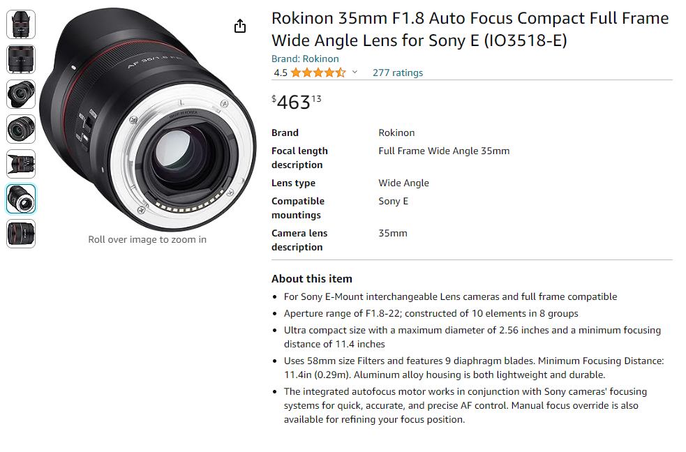 Rokinon 35mm F/1.8mm Auto Focus, Compact, Full Frame Lens - E-Mount