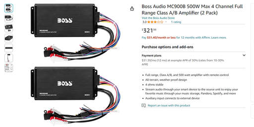 Boss Audio Systems - MC900B - 500W 4 Channel, Weather Resistant Amplifier w/ Bluetooth Multifunction Remote