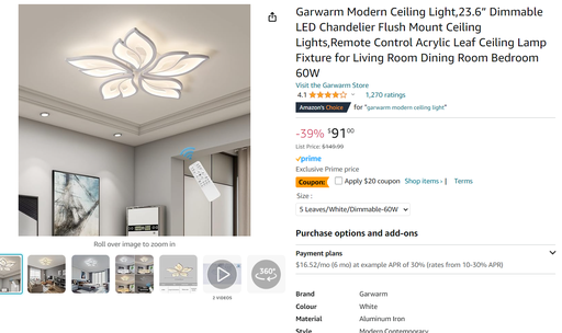 Garwarm 23.6" Leave Dimmable LED Ceiling Light w/ Remote Control