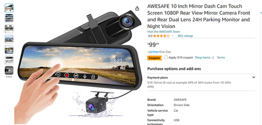 Awesafe 10" Mirror Dash Cam & Touch Screen - 1080P Rear View Camera & 24 Hour Parking Monitor