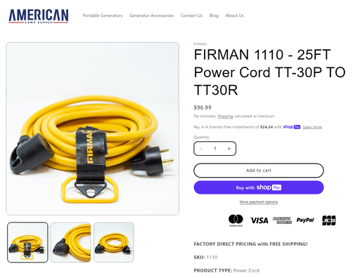 Firman Power Cord - TT-30P to TT-30R RV Extension Cord 1110