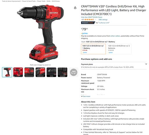 Craftsman 20V Cordless Drill/Driver Kit - Battery & Charger Included