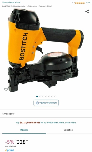 Bostitch Coil Roofing Nailer, 1 3/4" - RN46