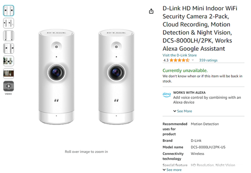 D-Link Mini HD Wi-Fi Indoor Camera with Cloud Recording - Sound & Motion Detection & Night Vision