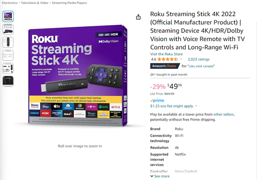 Roku 4K Streaming Stick - HDR, Media Player w/ Remote