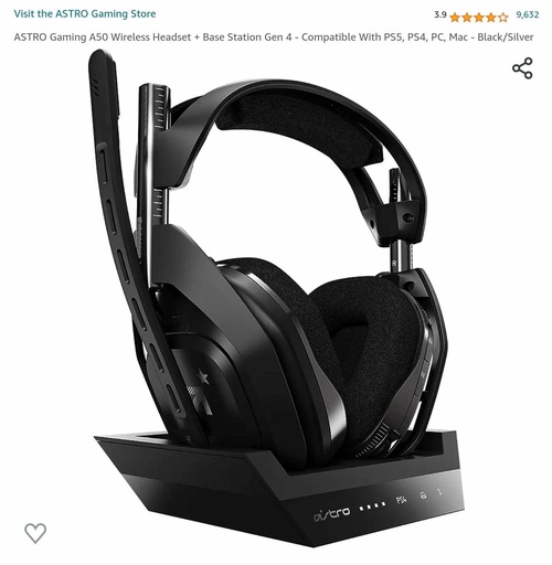 Astro A50 Wireless Headset + Base Station - Gen 4 - Compatible w/ PC, PS5, PS4, Mac - Black / Silver