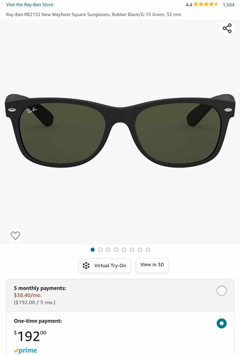 Ray-Ban New Wayfarer Square Sunglasses - Rubber Black / G-15 Green, 52mm