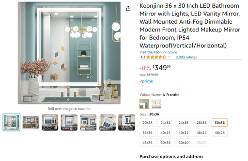 Keonjinn 36x30" LED Bathroom Mirror w/ Lights, Wall Mounted - Anti-Fog & Dimmable Modern Front Lighted Mirror