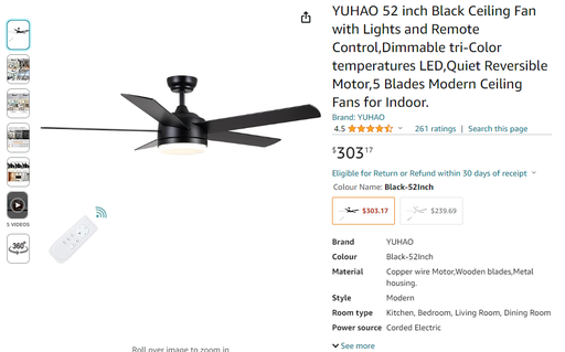Yuhao 52" Black Ceiling Fan w/ Lights & Remote Control, Dimmable, 5 Blades, Modern Ceiling Fan