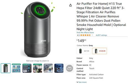 Afloia Fillo Air Purifier - H13 True Hepa 3 Stage Filtration, Low Noise