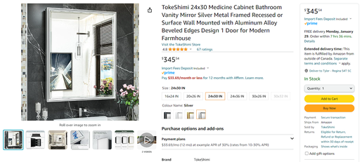 TokeShimi 24x30 Medicine Cabinet w/ Vanity Mirror - Silver Metal Framed w/ Door