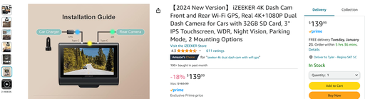 iZeeker 4K Dash Cam - Front & Rear - WiFi & GPS w/ 3" IPS Touchscreen, Night Vision, Parking Mode, WDR