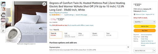 Degrees of Comfort Twin XL Heated Mattress Pad - Zone Heating - Auto Shut Off - 39x80 - White