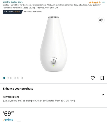 Orgtoy Humidifier - 1.8L Quiet Ultrasonic Cool Mist