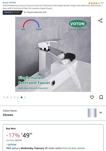 Voton Bathroom Faucet Waterfall - Single Hole - Chrome