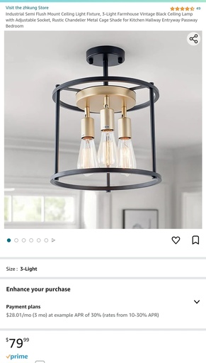 Semi Flush Ceiling Light w/ 3 Bulbs - Gold & Black - Metal Cage