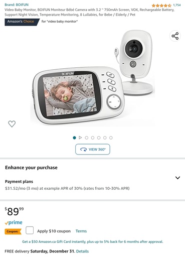 Boifun Video Baby Monitor with 3.2" Screen & Rechargable Battery