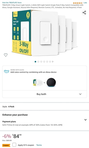 TreatLife 3 Way Smart Light Switch - 4 Pack - Works with Alexa & Google