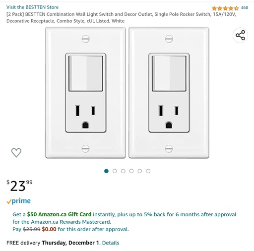 Bestten - Combination Wall Light Switch & Décor Outlet - 2 Pack